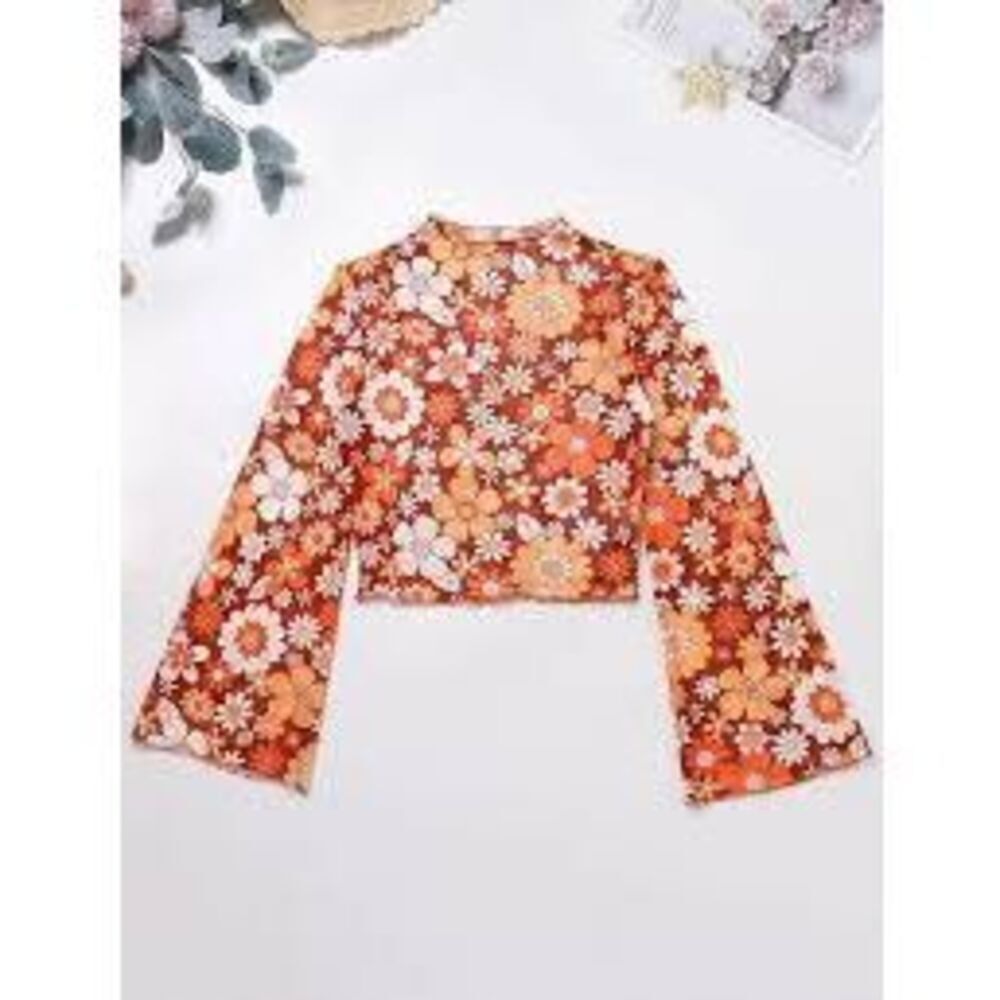 ABAFIP Floral Bell Sleeve Crop Top Sz L Mesh Hippie 70’s Mock Neck